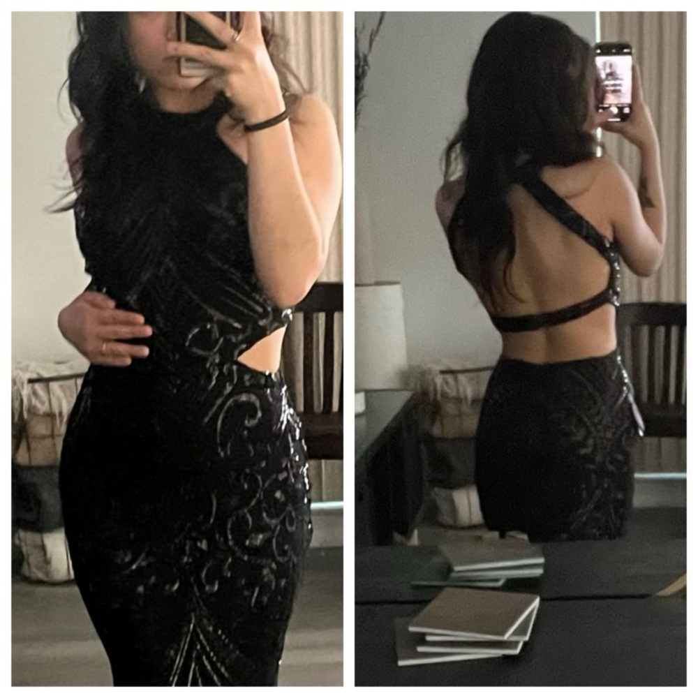 Windsor Black Halter Sequin Gown - Picture 2 of 12